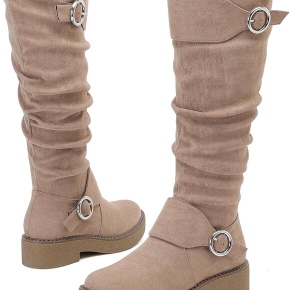 Women's Faux Leather Knee High Boots Flat Platform Casual Style Wide Calf - Picture 2 of 6